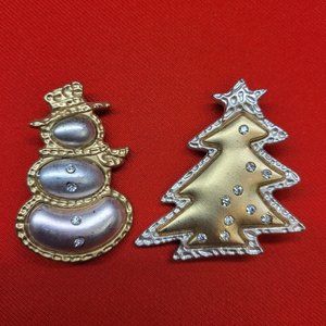 Christmas Pins Brooch Gold Silver Snowman Christmas Tree Set of 2